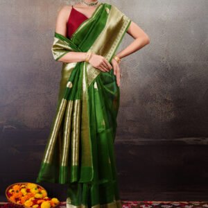 Pure Kora Silk Green with Gold Zari Kadhua Weave