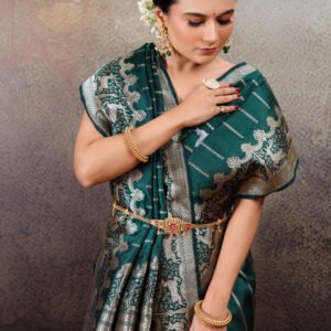 “Swarn Hiran” Pure Handloom Katan Silk Dark Green Shikargah