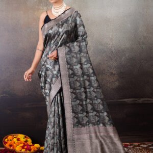 Pure Katan Silk Banarasi Saree in Black with Pastel Green & Dull Gold, Tanchoi Weave