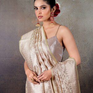 Handloom Pure Kora Tissue Gold Banarasi Saree with Off-White Meena Jaal