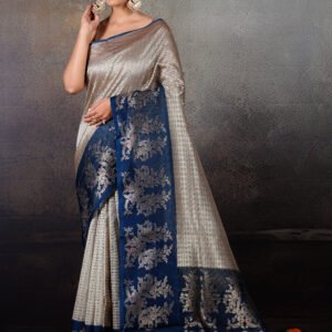 Pure Kora Tissue Silk Kota Weave Saree in Light Grey with Dark Navy Blue